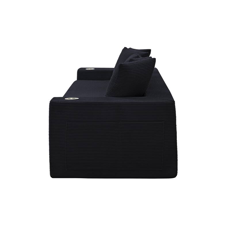 Modern Convertible Loveseat Sofa Bed, Corduroy Fabric Foldable Floor Couch w/5 Pillows, Side Pockets & Cup Holders, No Assembly