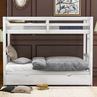 Twin Over Pull-Out Bunk Kids Bed with Trundle, 4-Beds, Safety Rails, Wheeled Design, White