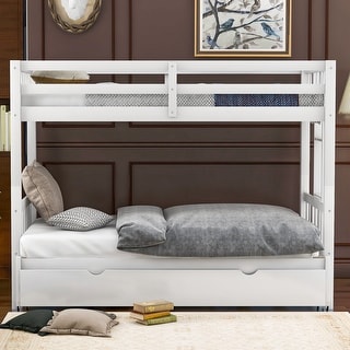Twin over Pull-out Bunk Bed with Trundle, 4 Beds, Space-Saving, White