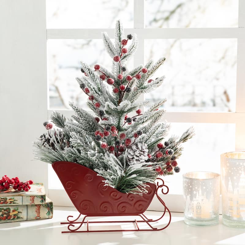 Glitzhome Christmas Red Sleigh Frosted Boot Floral Metal Potted Tree Table Decor - Red Sleigh Frosted