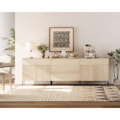 94.5" Modern Reeded Minimalist Sideboard With Doors And Drawers, 3-In-1 Wooden Credenza