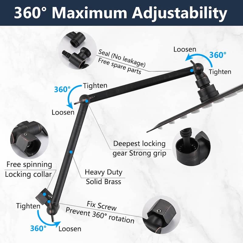Bathlet 10 inch Rain Shower Head with Height/Angle Adjustable Extension Arm