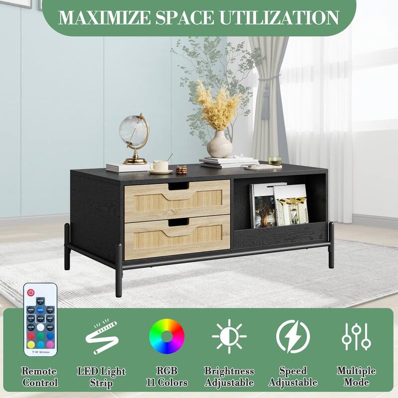Coffee Table with LED Light,4 Large Storage Drawers and 2 Open Storage Shelf