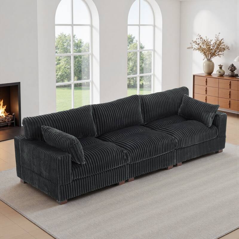 Plush Corduroy Upholstered Modular Sectional Sofa with Pillows