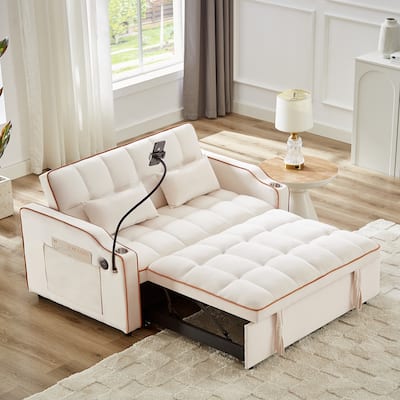 Versatile Foldable Sofa Bed in Beige, Solid Wood+MDF+Resin, Adjustable Back, USB Port & Phone Stand