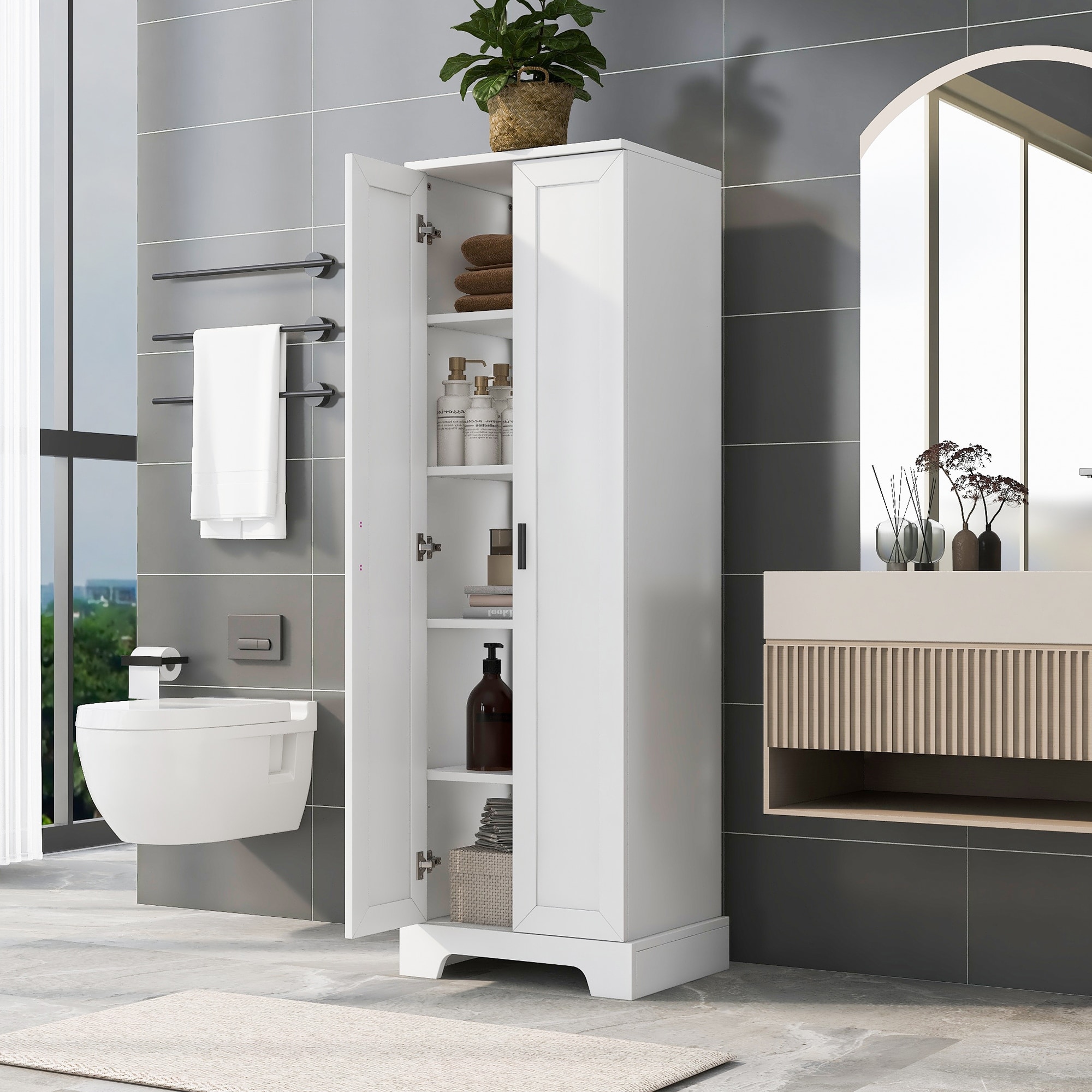 Roomfitters Tall 2-Door Storage Cabinet with 5-Tier Adjustable Shelves, Modern MDF Linen Tower for Bathroom & Office