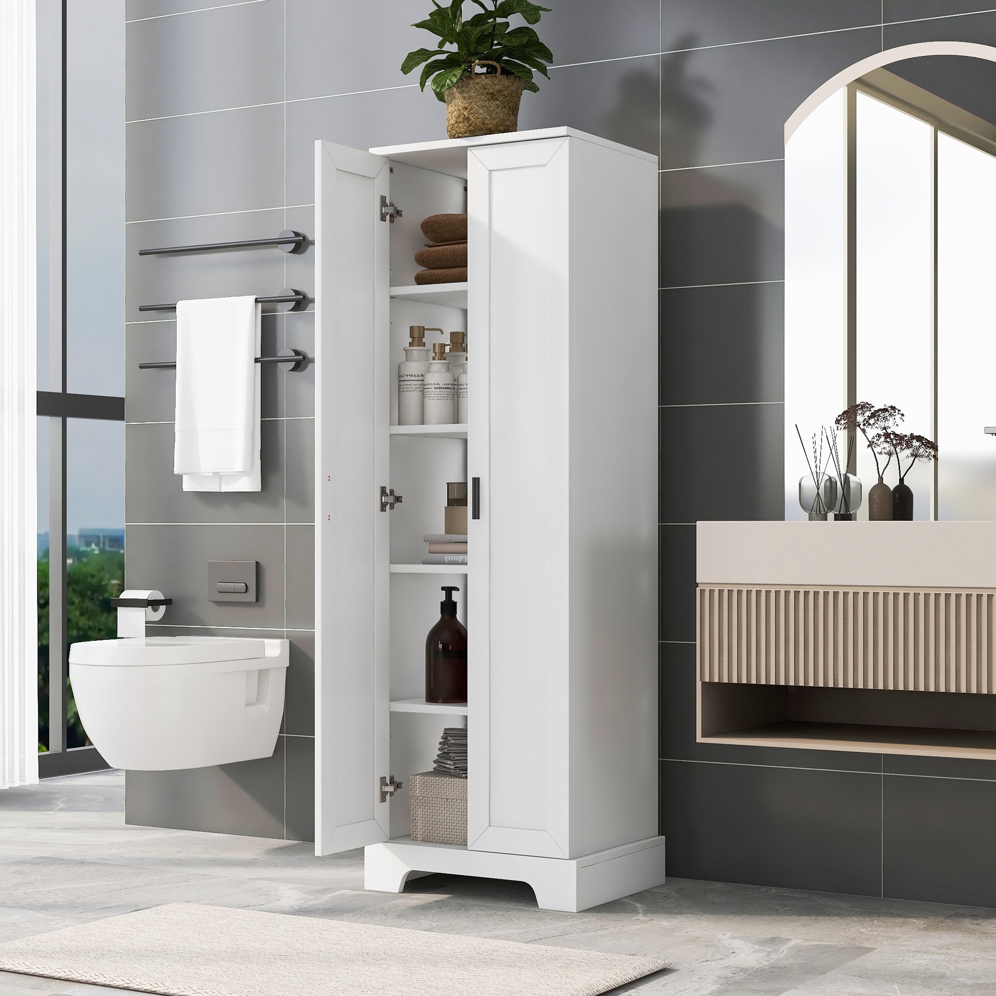 Spirich Home Tall Narrow Storage Cabinet, Bathroom Floor Slim Cabinet with  Glass Doors, Freestanding Linen Tower, White