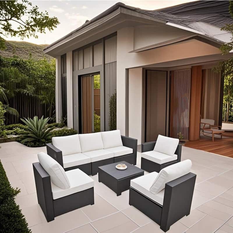 Seven-Piece Sofa Set Table With Sofa Chair Black PE Rattan Outdoor Furniture With Beige Color Cushion