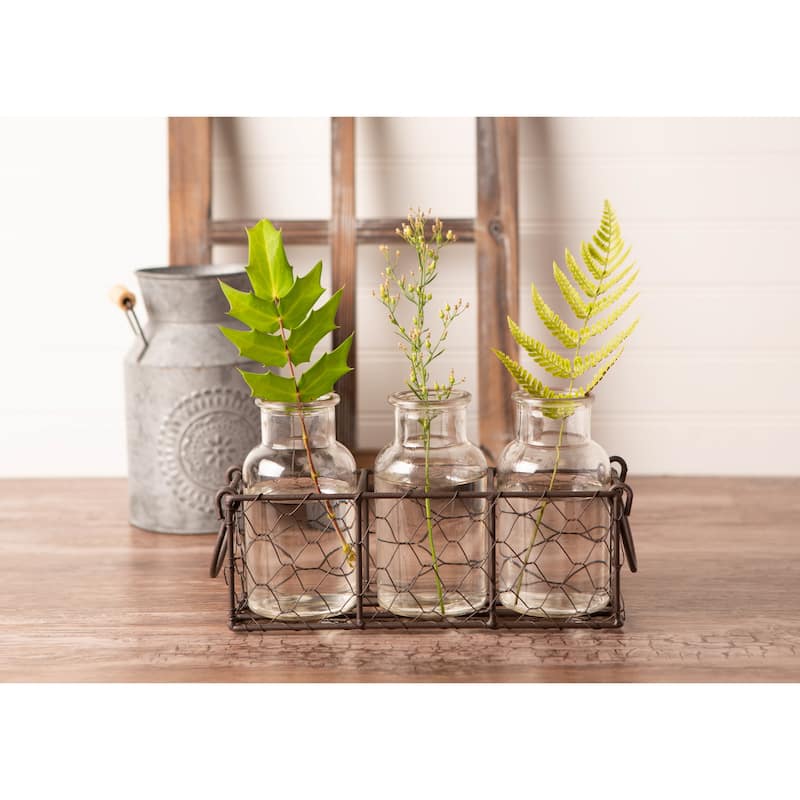 DII Vintage Grey Chickenwire Flatware Caddy With Clear Jars