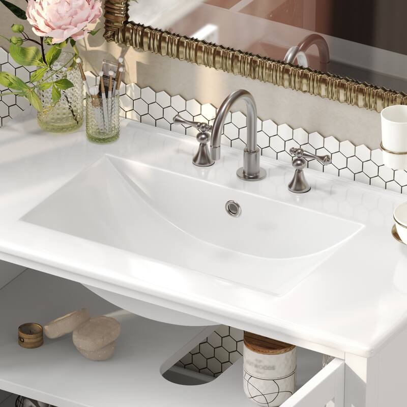 36" Storage Cabinet for Bathroom Vanity with Sink, Textured Glass Doors, Open Shelf, Silver Metal Knobs and Adjustable Shelf