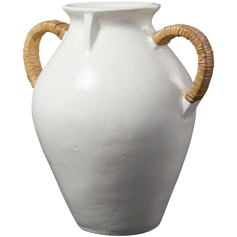 White Ceramic Jug Inspired Decorative Vase with Rattan Wrapped Handles - 17"W, 19"H