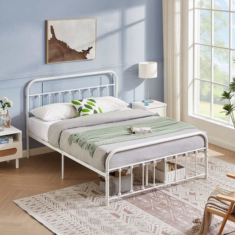Javlergo White Metal Platform Bed Frame with Headboard and Footboard Quiet Heavy-Duty Frame No Box Spring Needed