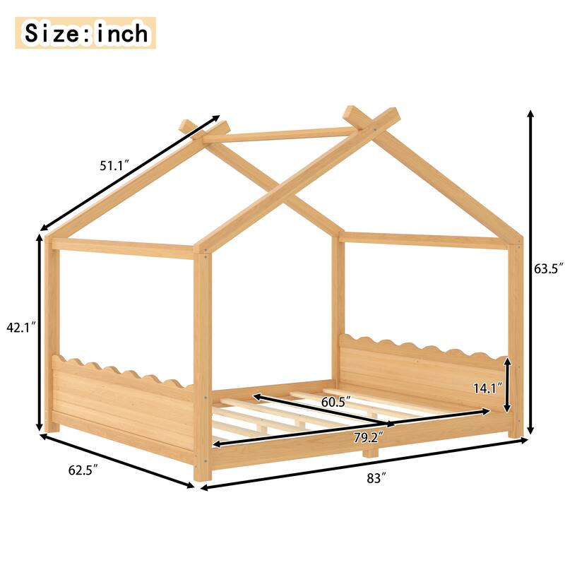 Queen House Floor Bed with Support Slats, Solid Wood House Bed Frame for Kids, No Box Spring Needed