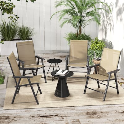 Outdoor Stackable 4 Piece Patio Kitchen Dining Chairs with Sling Mesh, Armrests, Backrests for Restaurants Lawns Camping Beaches