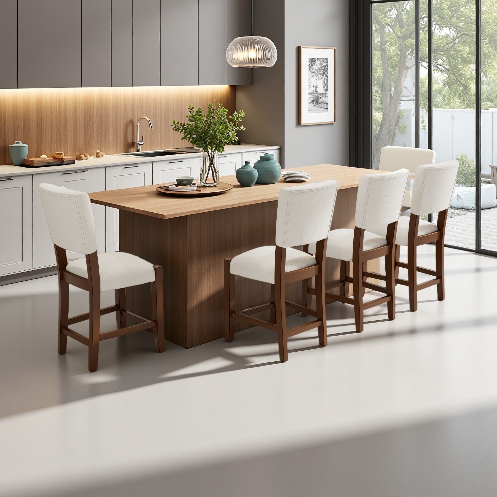 40.4" Linen Upholstered Mid-Century Modern Bar Stools Set of 4 with Solid Wood Legs