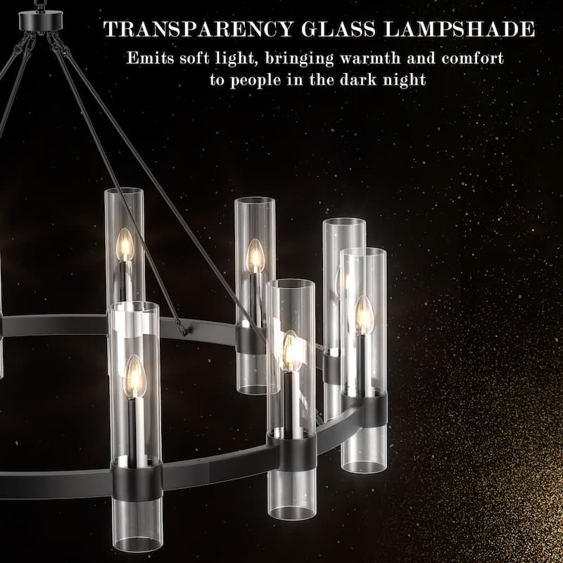 Black Wagon Wheel Chandelier with Glass Shades Adjustable Farmhouse Pendant Light for High Ceilings