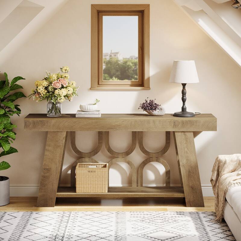 63" Console Table with Arched Legs, 2-Tier Farmhouse Entryway Table