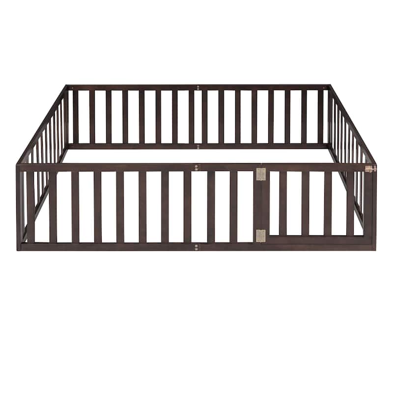 Full Size Wood Floor Bed Frame with Fence and Door, Sturdy and Durable Bed Frame