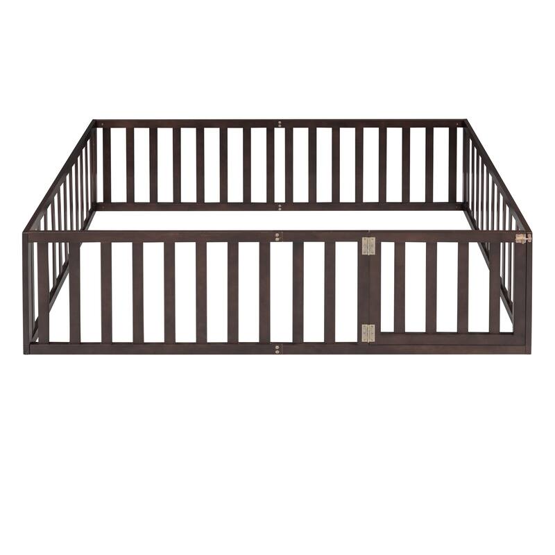 Versatile Wooden Floor Bed Frame without Slats, Solid Pinewood Kids Bed Frame with Fence and Door