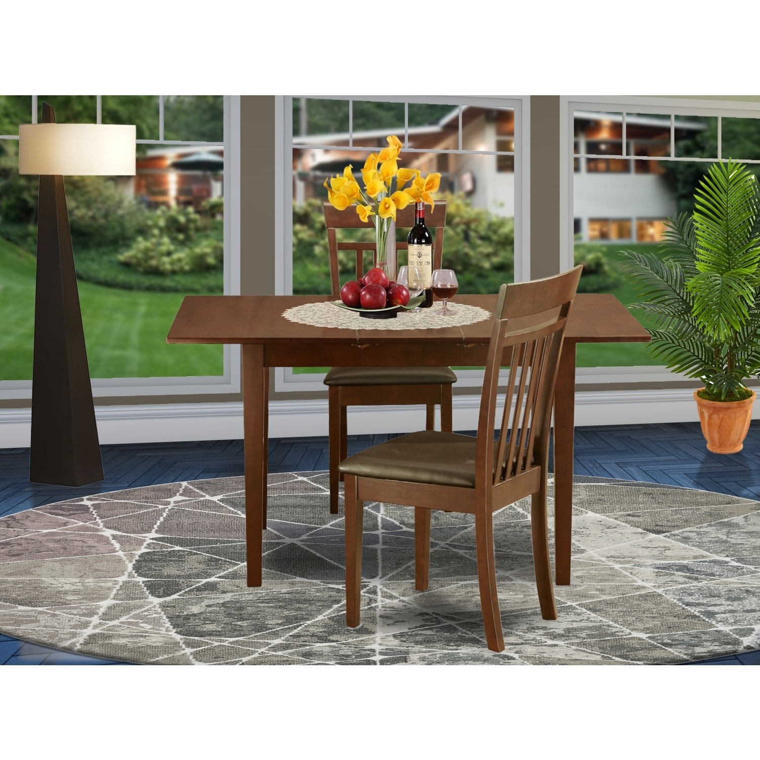 Dining Room Set 3pc Table w/ Butterfly Leaf & 2 Faux Leather Chairs - 32x54 Inch Mahogany