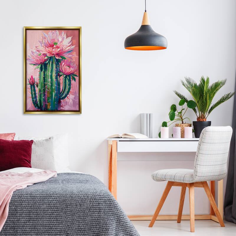 Stupell Pink Blossomed Cactus Framed Floater Canvas Wall Art Design By LSR Design Studio