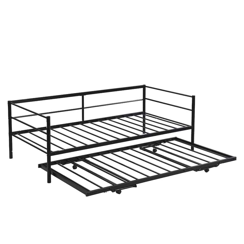 Industrial Metal Daybed with Pop-Up Trundle, Twin Bed Frame with Adjustable Trundle