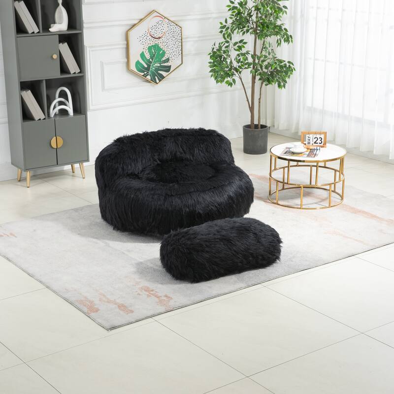 Fluffy Bean Bag Chair with Ottoman, Comfy Bean Bag Lounger for Adults and Kids, Ultra Soft Lazy Sofa Chair with Memory Foam