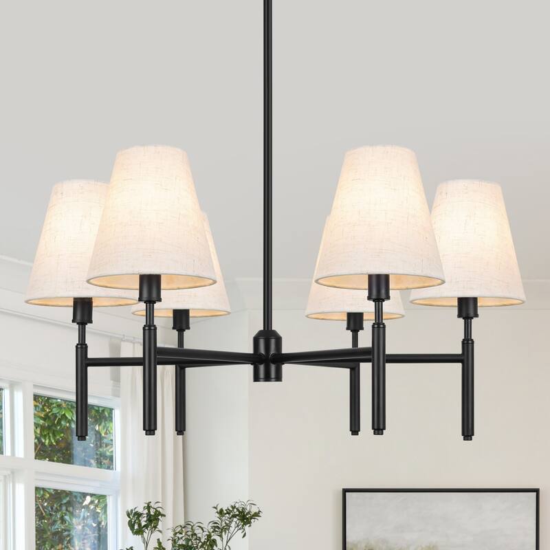 Farmhouse Wheel Chandelier Mid-century Pendant Fixture with Fabric Shades for Interior Lighting - 6-Light - Beige Shade/Black Fixture
