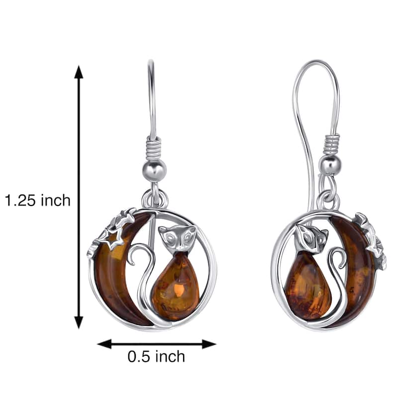 Baltic Amber Cat and Moon Earrings Fishhook in Sterling Silver