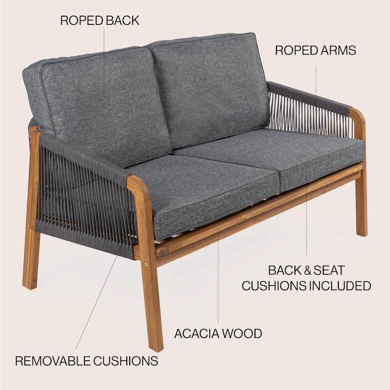 Gable Modern Bohemian Roped Acacia Wood Outdoor Loveseat with Cushions, by JONATHAN Y