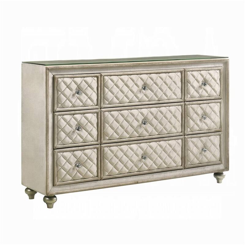 Willa Wide Dresser Chest, 9 Drawers, Faux Crystal, Tufted Beige Velvet