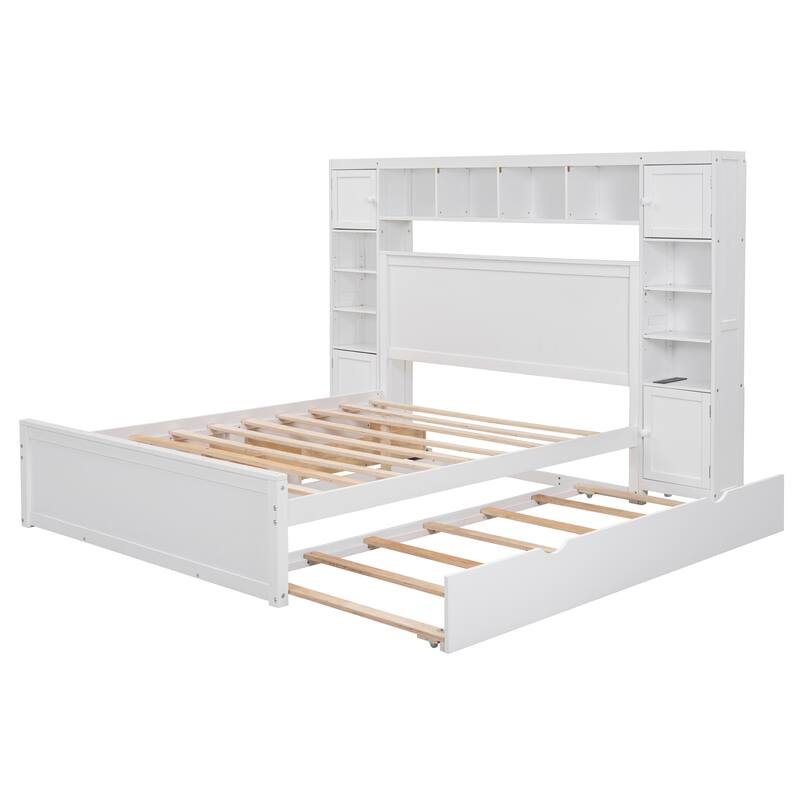 Queen Size Wooden Bed with Built-in Storage, Shelves, and Outlets, White