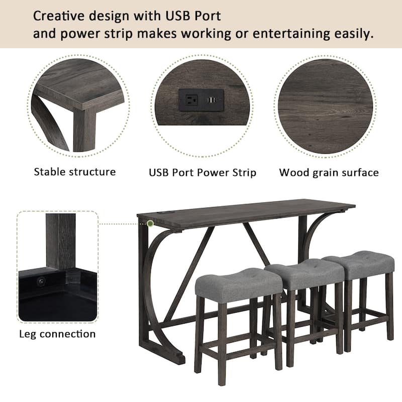 GDFStudio - Alderon 4-Piece Industrial Bar Height Table Set with Built-In Power Outlet & 3 Upholstered Stools