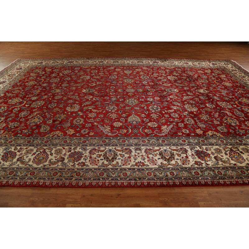 Hand Knotted Oriental 100% Wool Carpet Traditional All-Over Red Tabriz Area Rug - 16' 7'' X 10' 11''