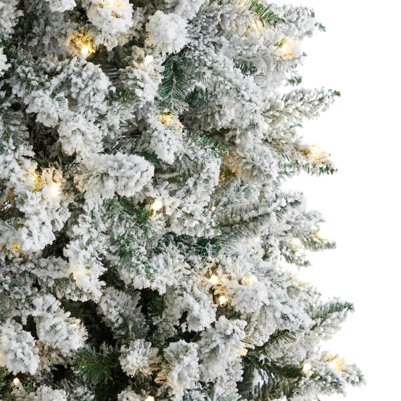 9ft Artificial Christmas Tree with Lights - Slim Winter Fir, Prelit Warm White LED Tree, Flocked Holiday Decor - Green - 108