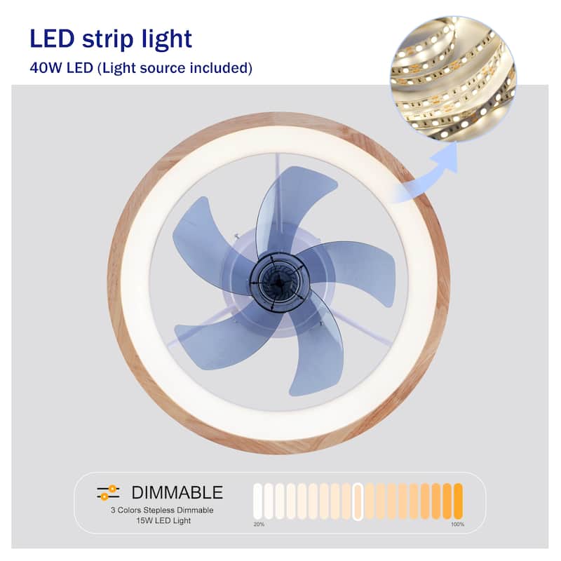 20" Farmhouse Natural Wood Flush Mount Ceiling Fan with Dimmable LED Light and Remote