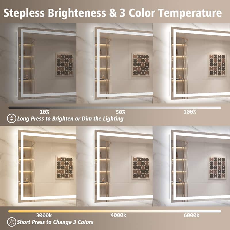 Frameless LED Front Light and Backlit 3 Colors Dimmable Anti-Fog Wall Bathroom Vanity Mirror
