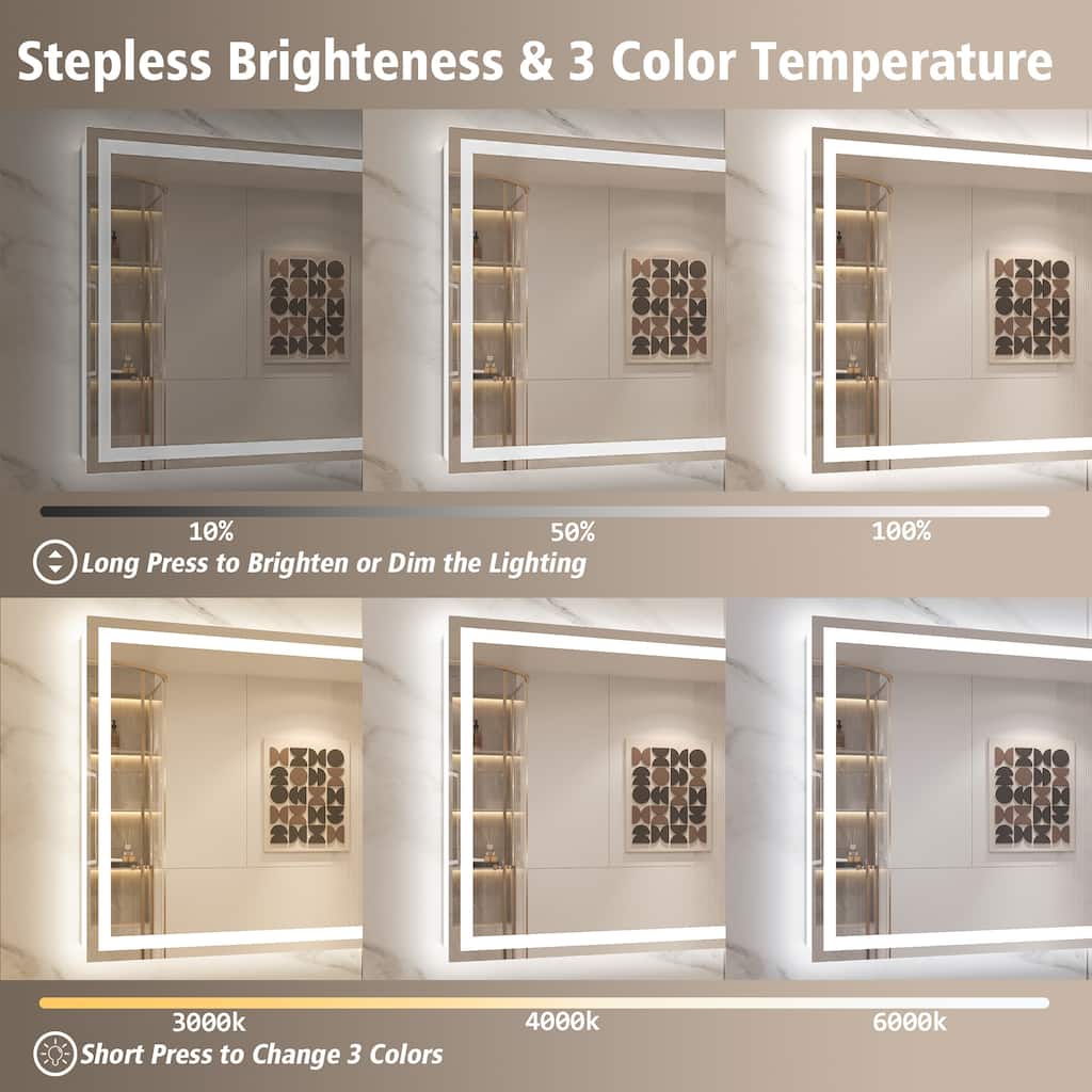Frameless LED Front Light and Backlit 3 Colors Dimmable Anti-Fog Wall Bathroom Vanity Mirror