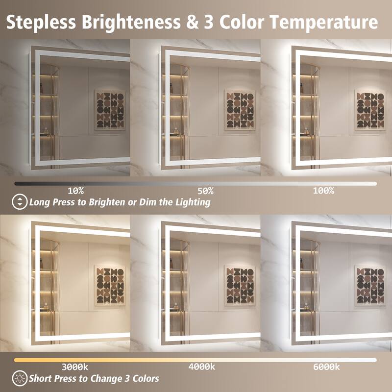 UL Certified Frameless LED Front Light and Backlit 3 Colors Dimmable Anti-Fog Wall Bathroom Vanity Mirror