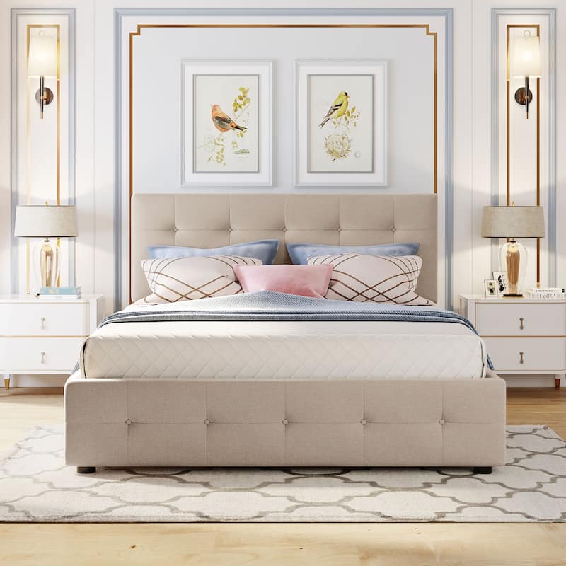 Queen Size Upholstered Platform Bed with 2 Drawers & Twin XL Trundle