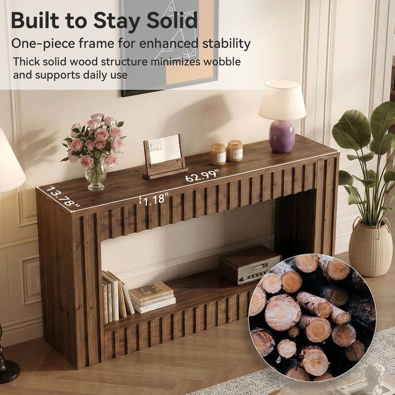 Solid Wood Sofa Table, 63" Long Console Table with Open Storage, Entryway Table for Living Room, Hallway, Foyer