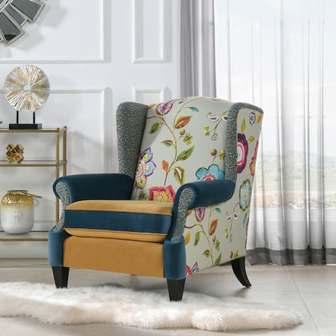 Anya Boho Floral Color Block Wingback Accent Arm Chair