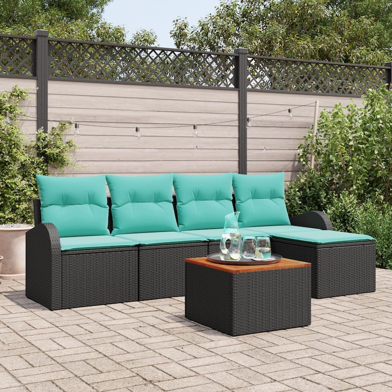 vidaXL 6 Garden Sofa Set with Cushions Black/Grey Poly Rattan - 92.1 x 24.4 x 27.2 - Black
