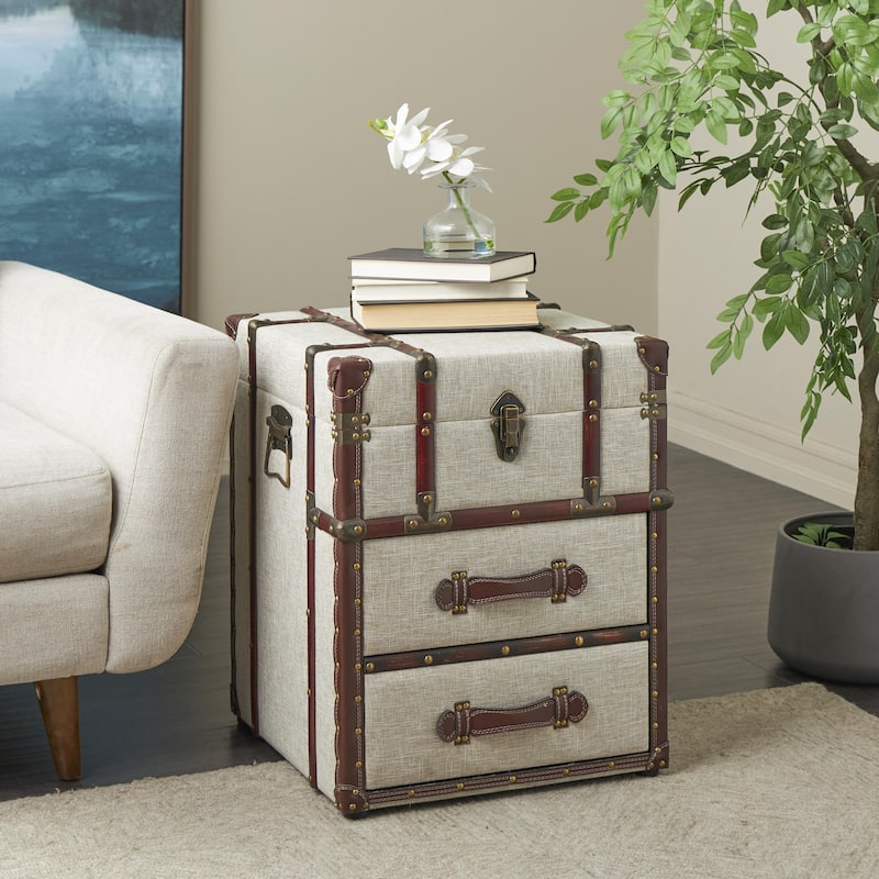 Wooden Vintage Style Storage 2 Drawer Coffee Table with Studs and Brown Faux Leather Accents - Cream - Roche River Decor