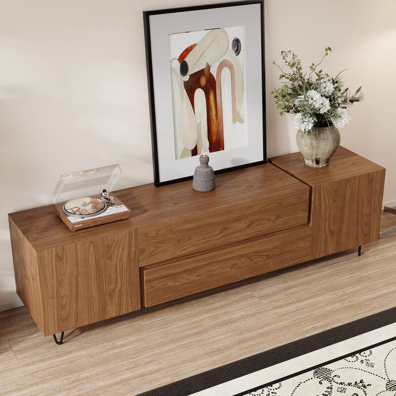 71" Walnut Finish TV Stand with Drawers & Closed Cabinets - Modern Media Console with Open Shelves
