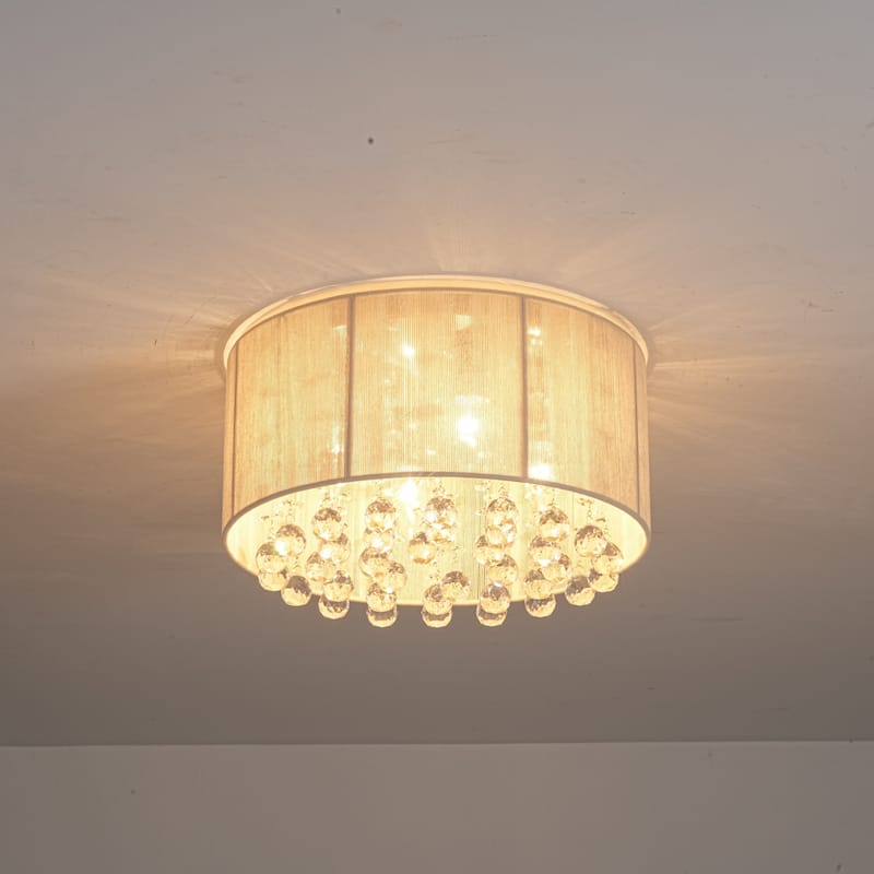 4-Light Modern Luxury Textured Fabric & Crystal Flush Mount with Crystal Droplets for Living Room - 15.7 in. W x 8.7 in. H - 15.7 in. W x 8.7 in. H - Beige