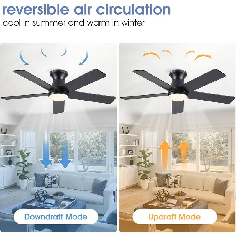 46"/52" Inches Flush Mount Modern Quiet Ceiling Fan with Light and Remote,5 Blades,for Living room,Bedroom