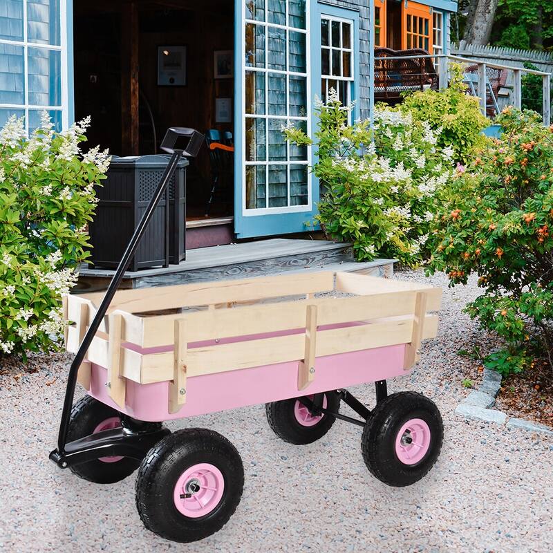 Outdoor Garden Cart, All Terrain Cargo Wagon Wood Railing Children - 39.37" x 19.3" x 20.28" (L x W x H)