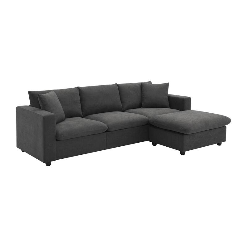 Grey 100.4'' Polyester L-Shaped 4-Seat Sectional Sofa Couch with Convertible Ottoman and 2 Pillows, Contemporary Design
