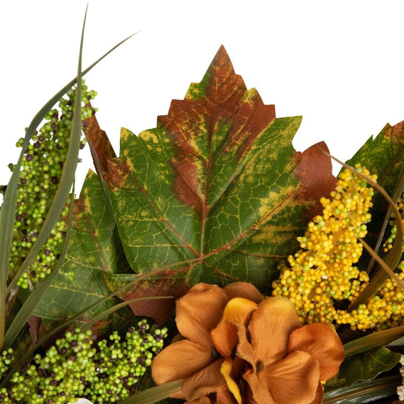 White Orange Hydrangea Artificial Fall Harvest Twig Wreath, 28", Unlit